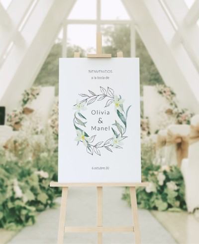 Poster di benvenuto per la collezione di ulivi e fiori d'arancio per matrimoni