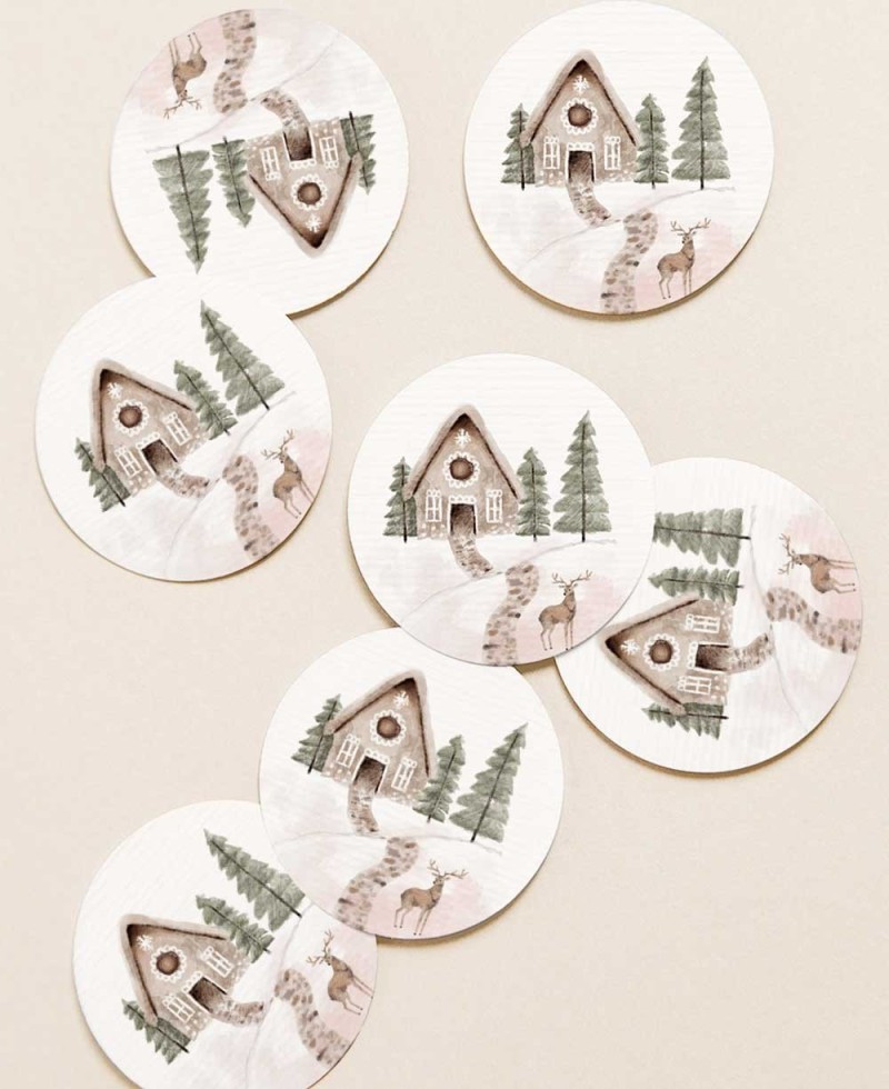 Adesivos circulares de casa de renas de Natal