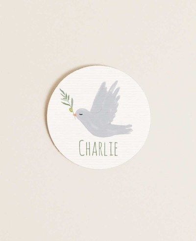 Autocollant de baptême rond olive colombe collection