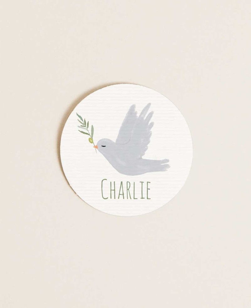 Autocollant de baptême rond olive colombe collection
