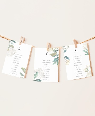 Tischplan für Hochzeiten weiße Hortensien