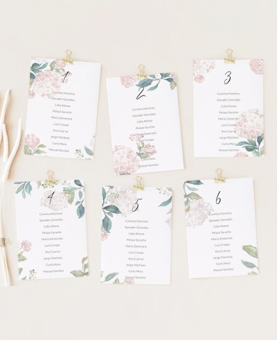 Hochzeitstischplan rosa Hortensien