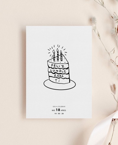 Convite preto e branco do aniversário do bolo de aniversário