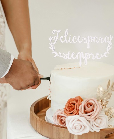 Visão geral do topo de bolo "felizes para sempre"