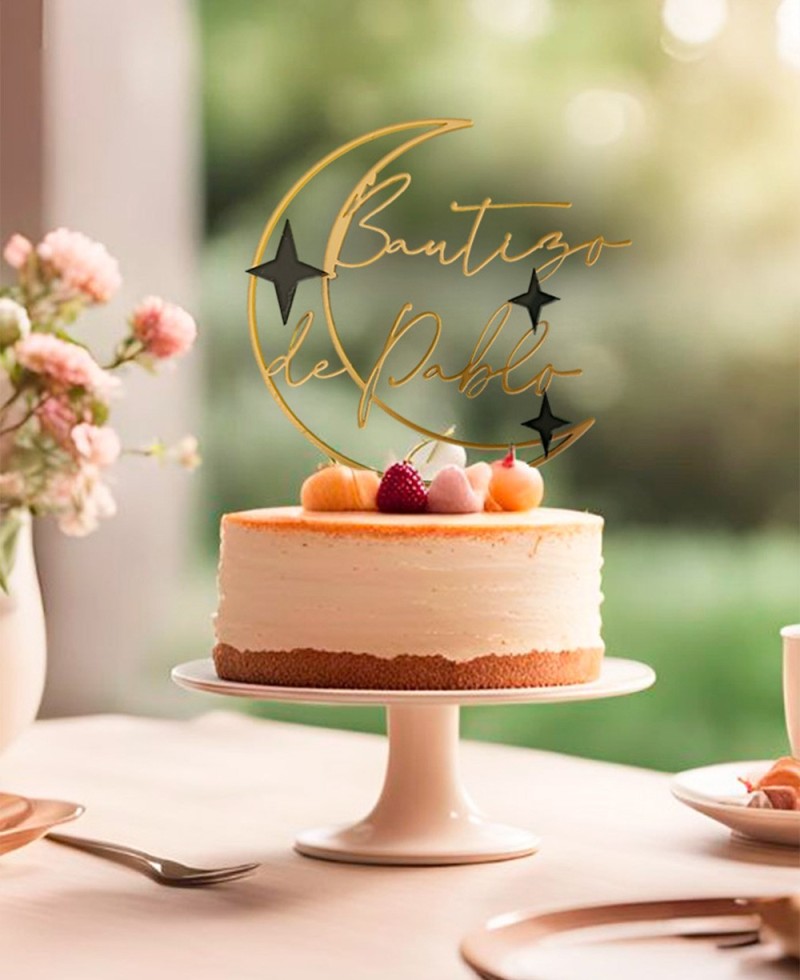 Vista general cake topper personalizado con nombre decorado con luna y estrellas Vista general cake topper personalizado con nombre decorado con luna y estrellas