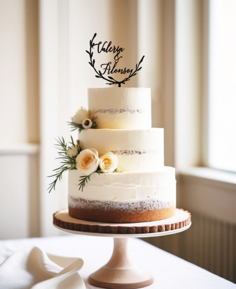 Vue d’ensemble Cake Topper personnalisé avec noms de couronnes de feuilles Vue d’ensemble Cake Topper personnalisé avec noms de couronnes de feuilles