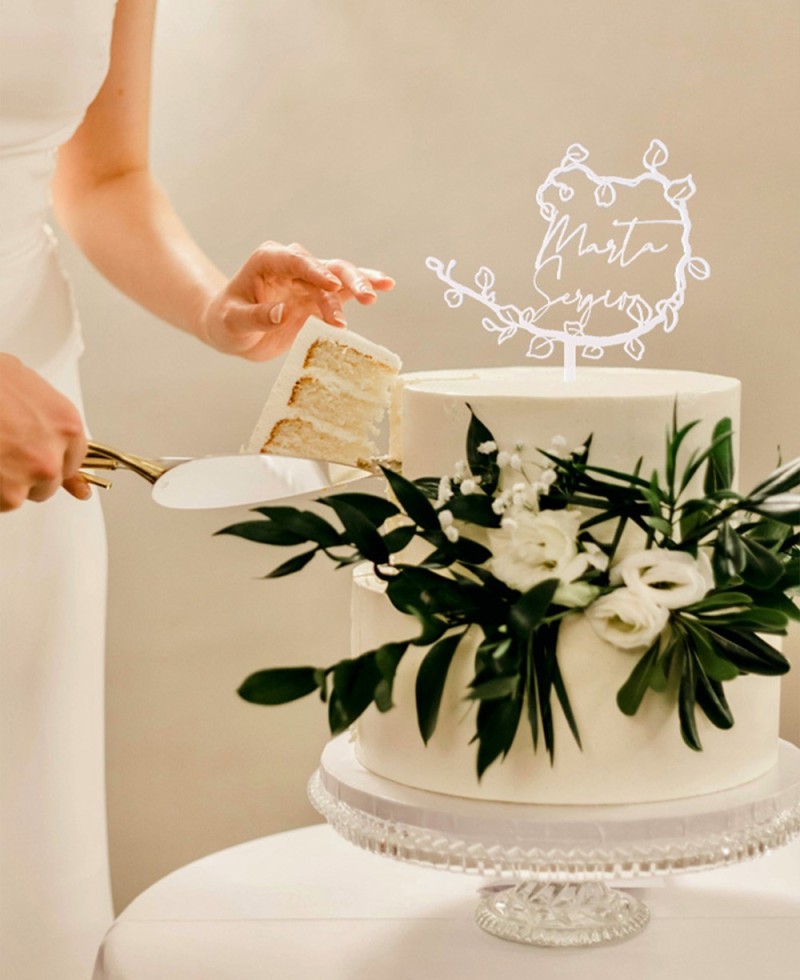 Overview custom cake topper with rosemary names and branch Overview custom cake topper with rosemary names and branch