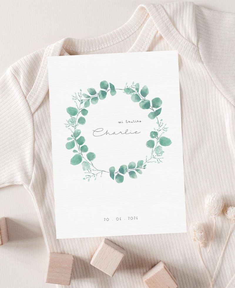 Invitation baptême personnalisée couronne d’eucalyptus Invitation baptême personnalisée couronne d’eucalyptus