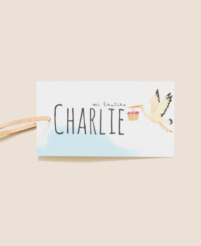 Étiquette décorative pour cadeaux de baptême de cigogne