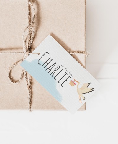 Étiquettes rectangulaires pour détails de baptême cigogne ciel