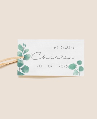 Etiqueta decorativa para presentes de batismo eucalipto botânico