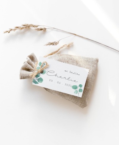 Etiquette rectangulaire pour baptêmes eucalyptus naturel