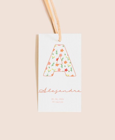 Étiquette décorative pour cadeaux de baptême initiales fleur