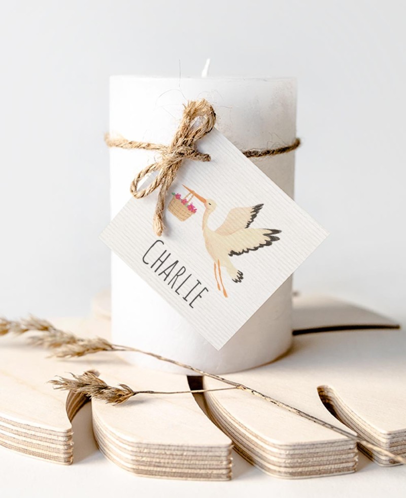 Etiquetas para regalos de bautizo animales cigüeña