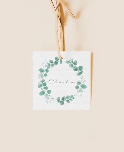 Étiquette de détails du baptême à l’eucalyptus