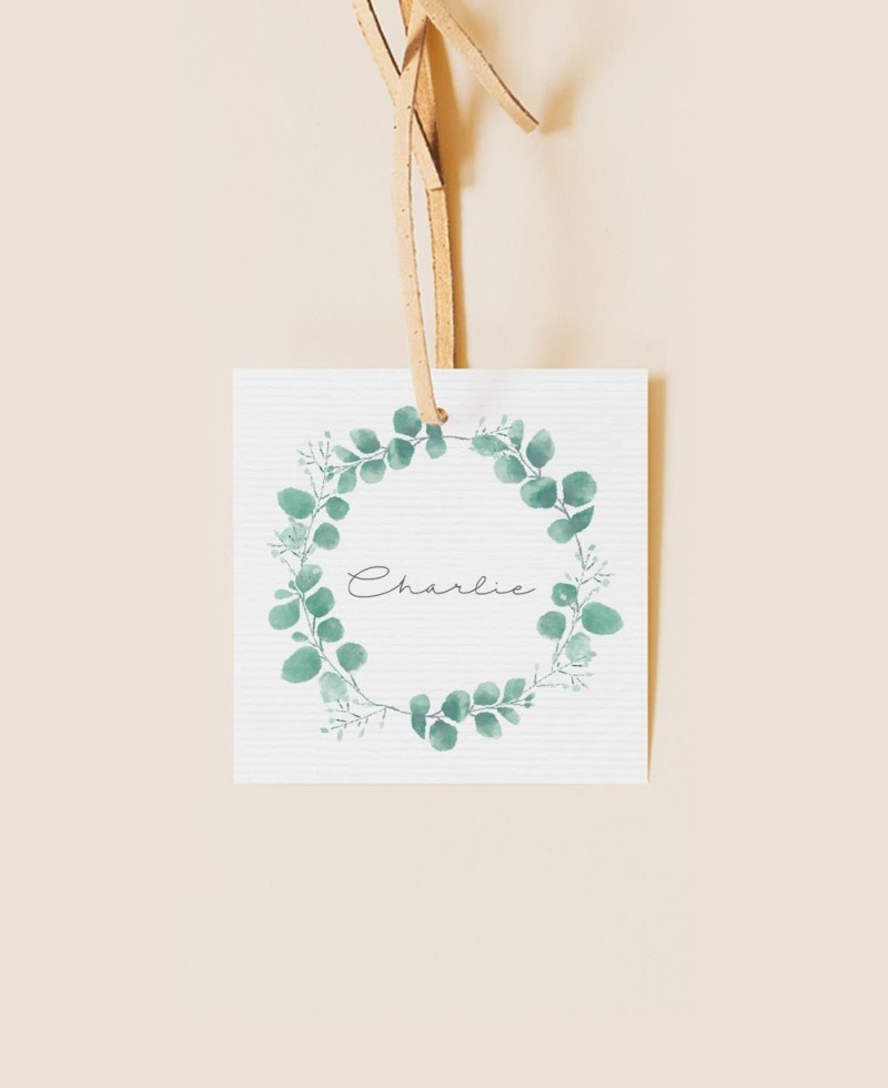 Étiquette de détails du baptême à l’eucalyptus
