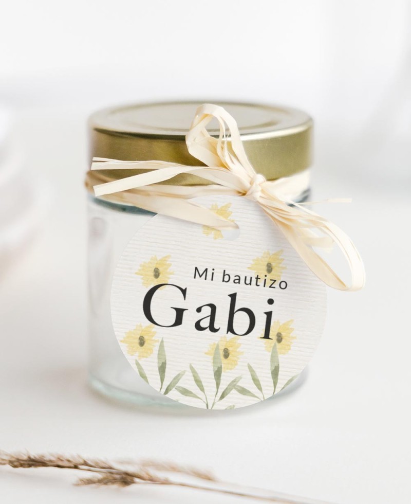 Etiquetas circulares para regalos de bautizo flores bosque