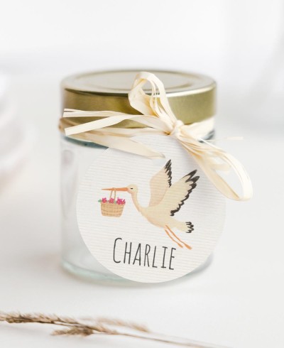 Étiquettes circulaires pour les cadeaux de baptême des cigognes