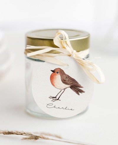 Étiquettes circulaires pour cadeaux de baptême d’oiseau