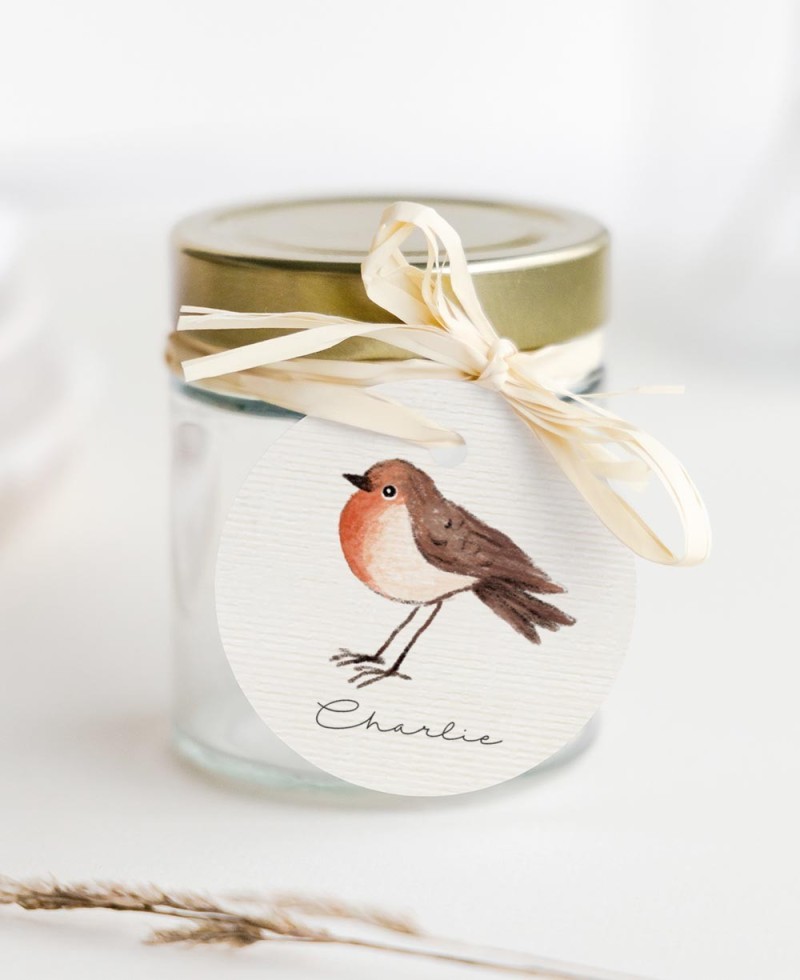 Rundetiketten für Geschenke zur Vogeltaufe