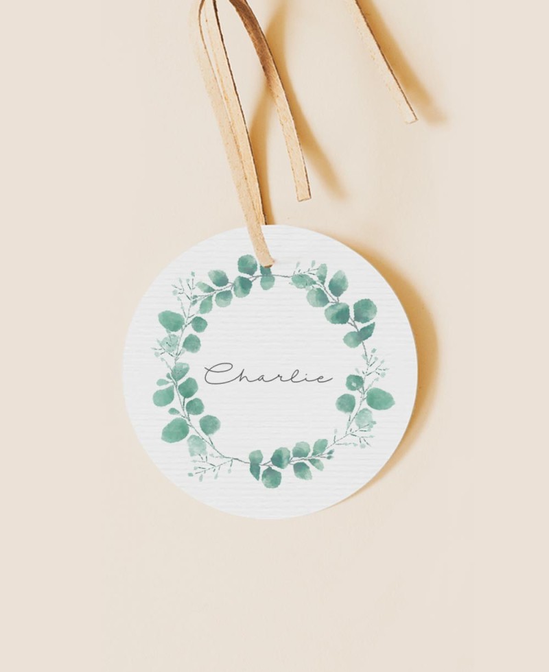 Round label for botanical baptism details eucalyptus