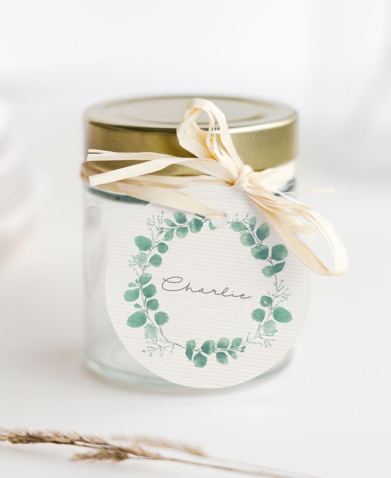 Circular labels for eucalyptus botanical baptism gifts