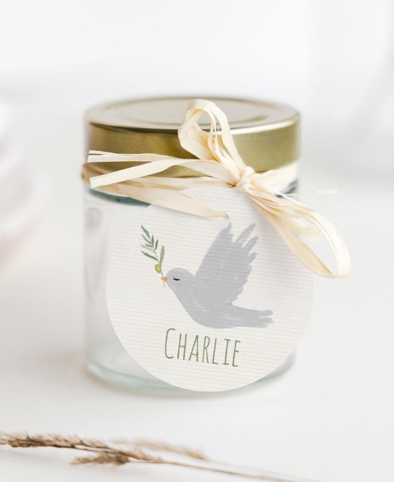 Étiquettes circulaires pour les cadeaux de baptême botanique olivier