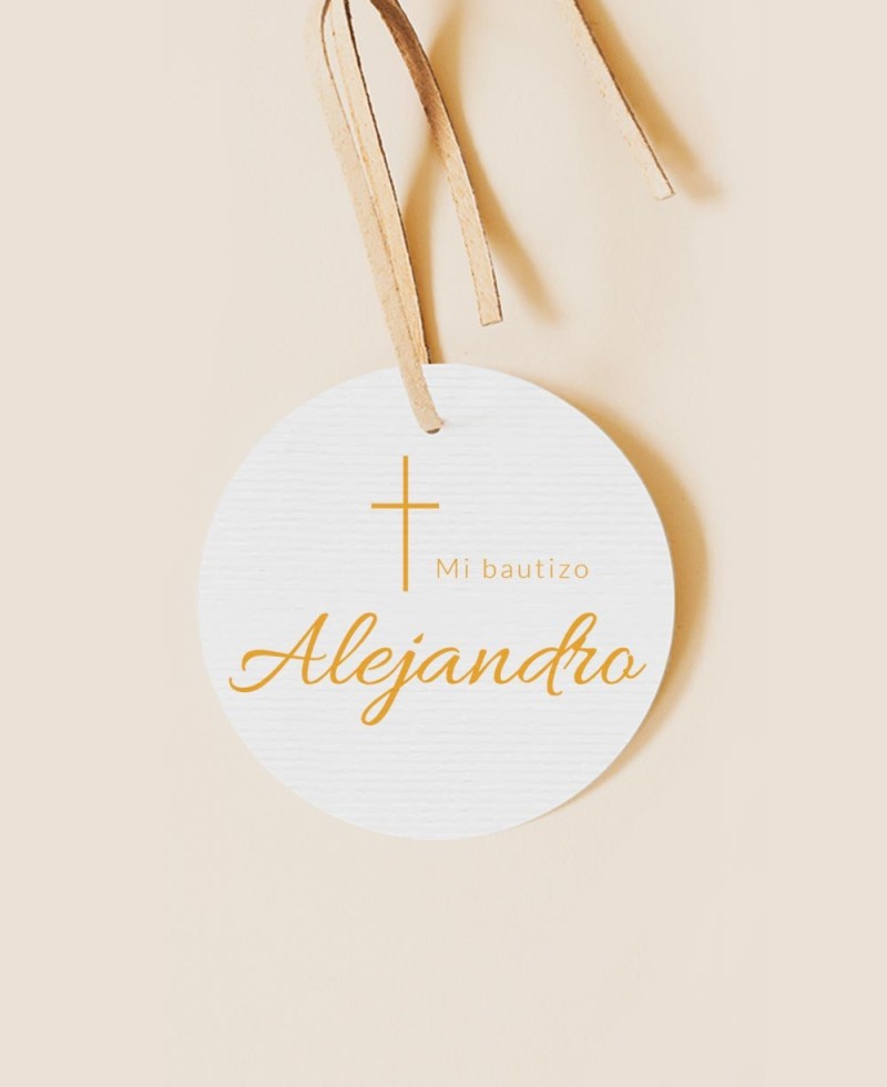 Round label for christening details classic dove
