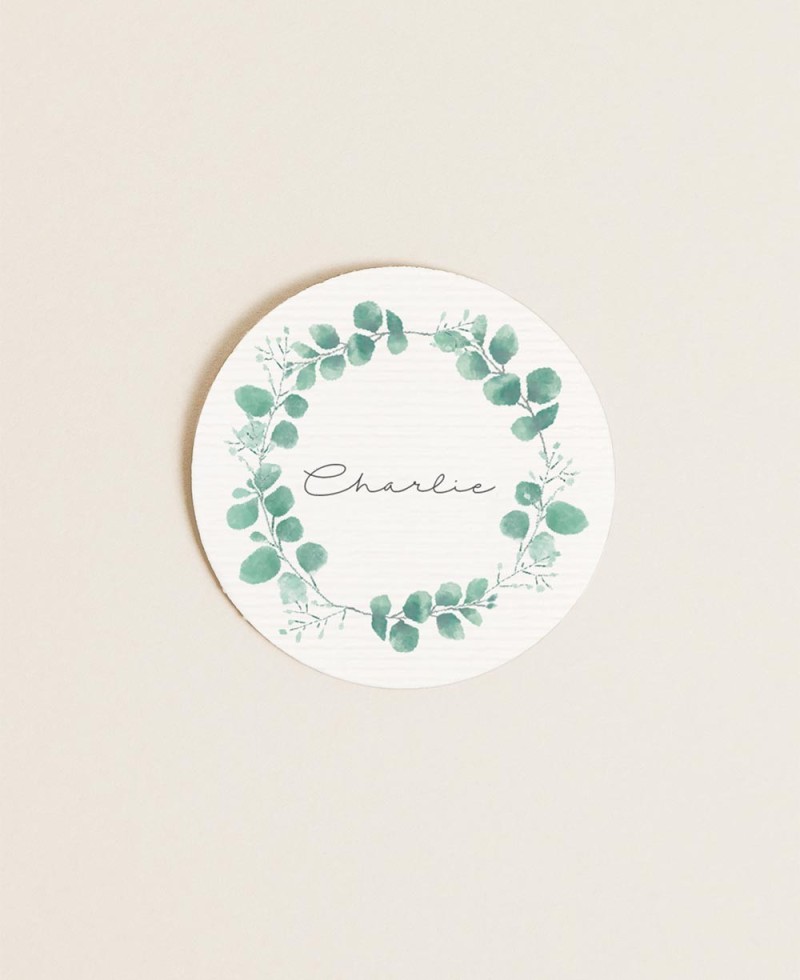 Round labels for details of botanical eucalyptus baptisms Round labels for details of botanical eucalyptus baptisms