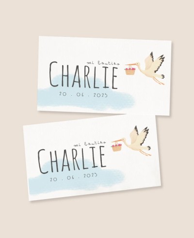 Adhesivos rectangulares para regalos de bautizo cigüeña cielo
