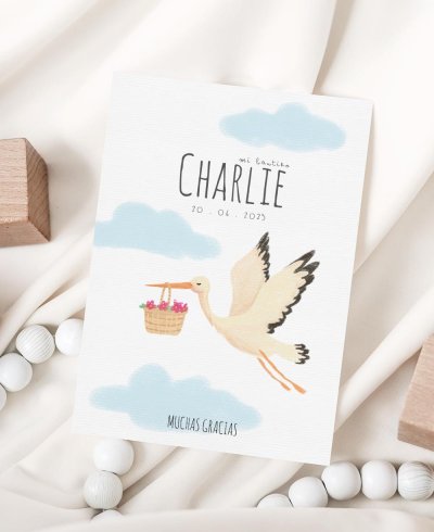 Couverture remerciement baptême cigogne ciel