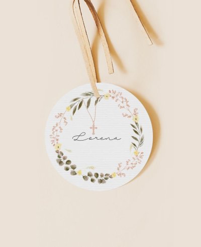 Étiquette ronde pour communions, croix et fleurs