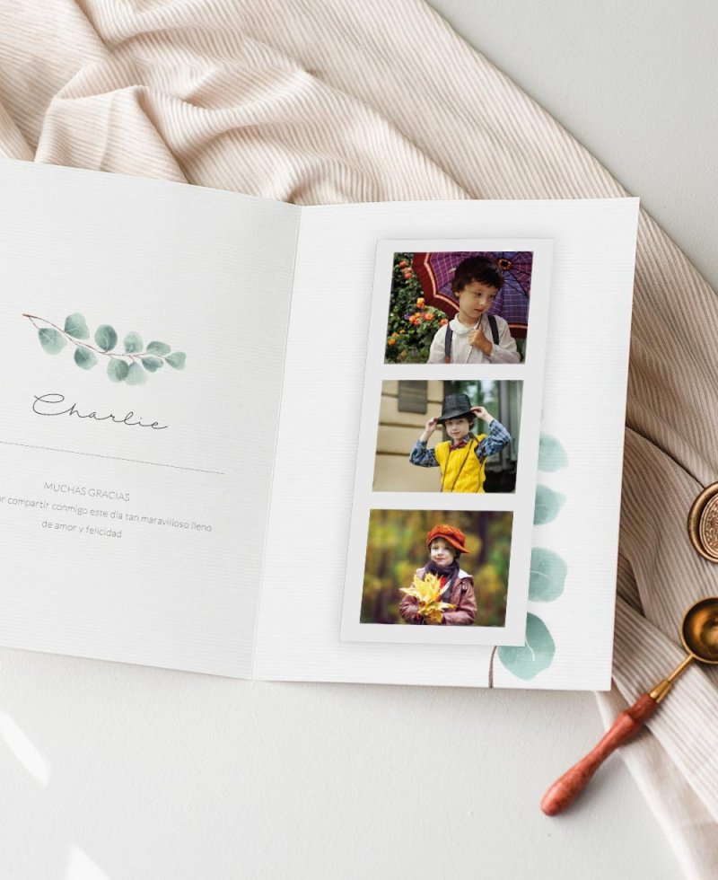 Recordatorios para comunión elegantes con fotos eucalipto Recordatorios para comunión elegantes con fotos eucalipto