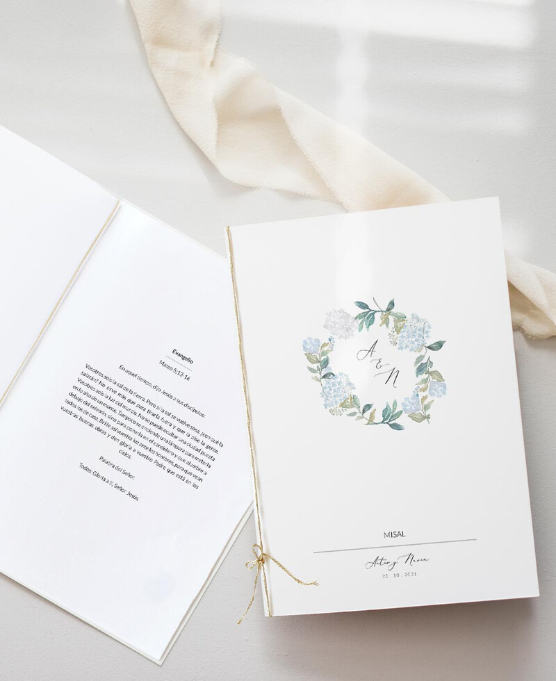 Misal para bodas minimal hortensias azules