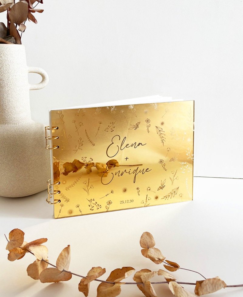 Libro de firmas espejo oro con flores