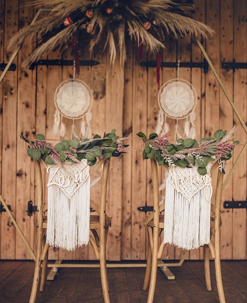 Decoración sillas boda banderola macramé Decoración sillas boda banderola macramé