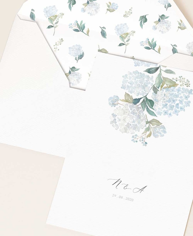 Invito con ortensie blu per matrimoni Invito con ortensie blu per matrimoni