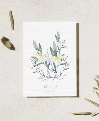 Vertikale Hochzeitseinladung mit Oliven- und Orangenblüten