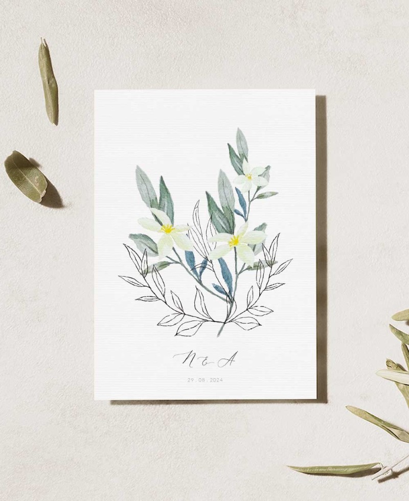 Vertikale Hochzeitseinladung mit Oliven- und Orangenblüten Vertikale Hochzeitseinladung mit Oliven- und Orangenblüten