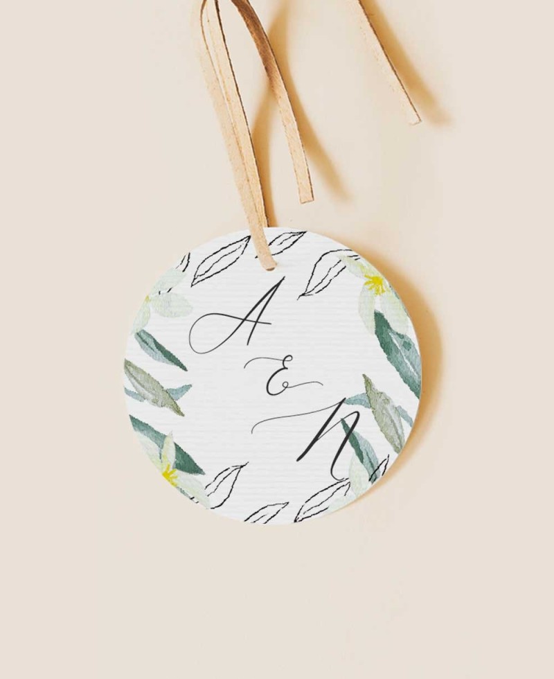 Circular label for olive and orange blossom weddings