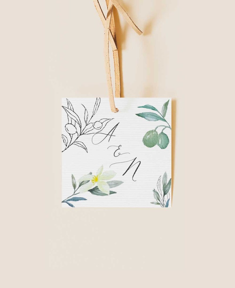 Etichetta quadrata con ulivo e fiori d'arancio per i dettagli del matrimonio