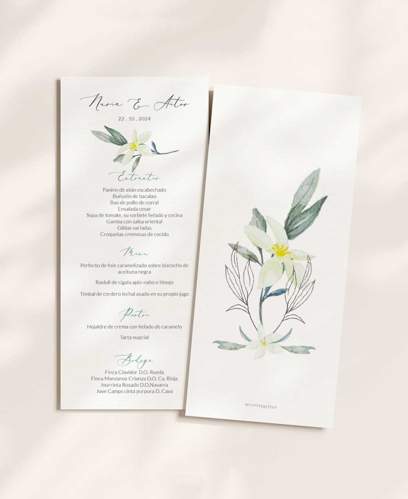 Menù di nozze con ulivo e fiori d'arancio Menù di nozze con ulivo e fiori d'arancio