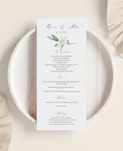 Menu de casamento de azeitona e flor de laranjeira
