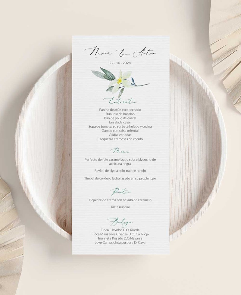 Menu de casamento de azeitona e flor de laranjeira Menu de casamento de azeitona e flor de laranjeira