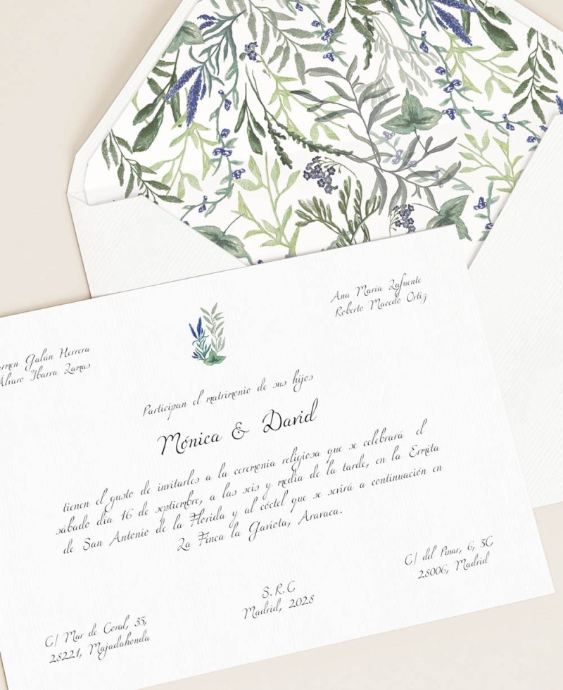 Papelería para bodas con jacintos silvestres tarjetón tradicional Papelería para bodas con jacintos silvestres tarjetón tradicional