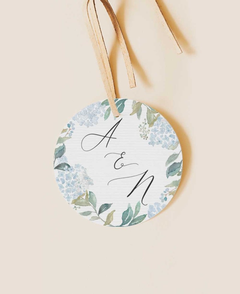 Etiqueta redonda para detalles de boda hortensias azules