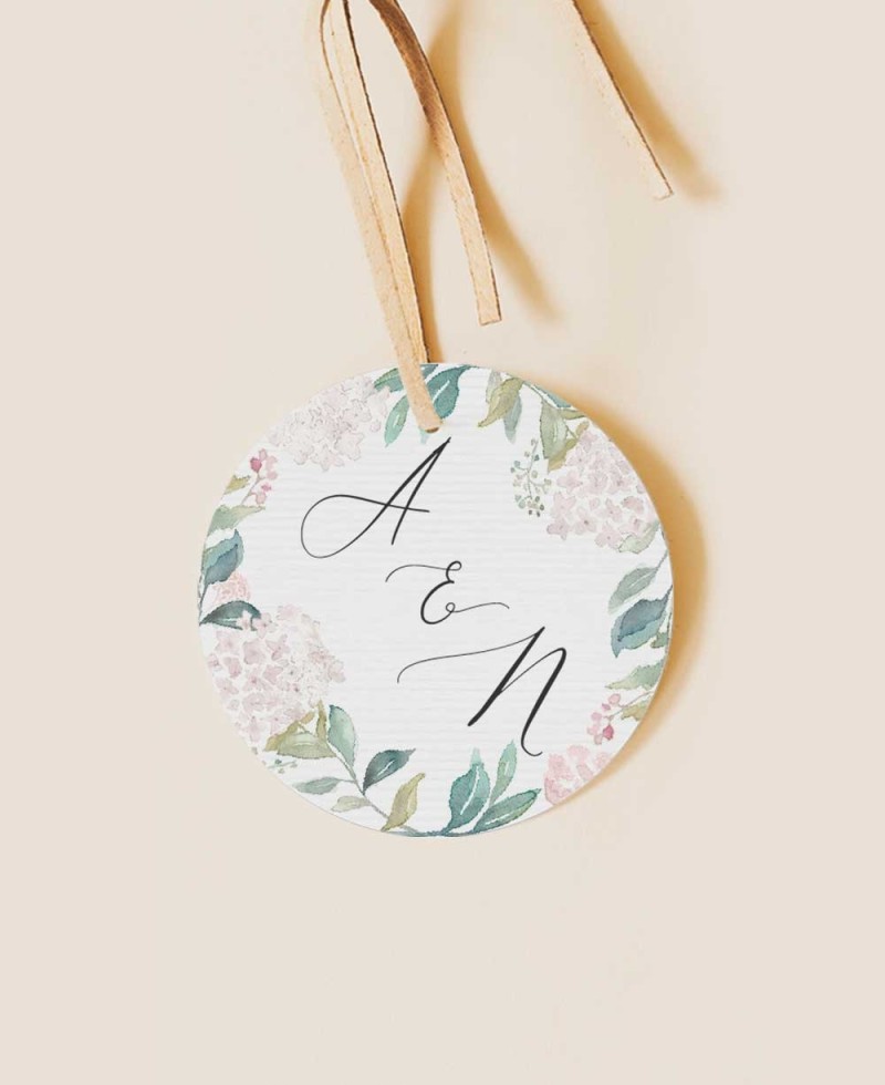 Etiqueta redonda para detalles de boda hortensias rosas