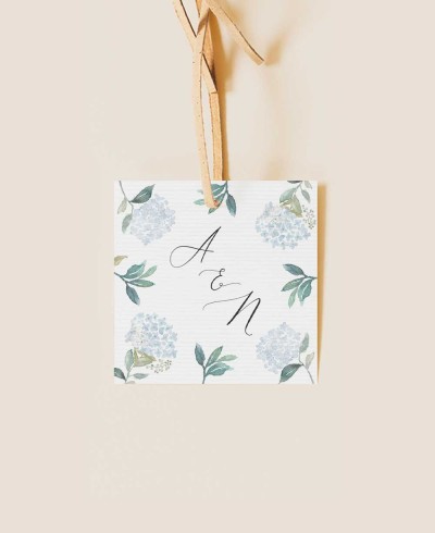 Etiquette carrée pour détails de mariage hortensias bleus