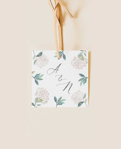 Étiquettes carrées pour faveurs de mariage, hortensias roses