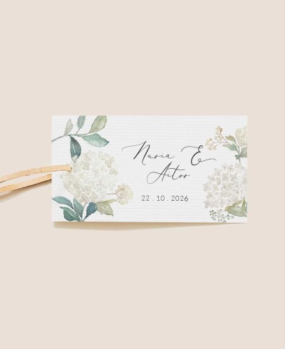 Etichetta rettangolare per dettagli matrimonio ortensie bianche